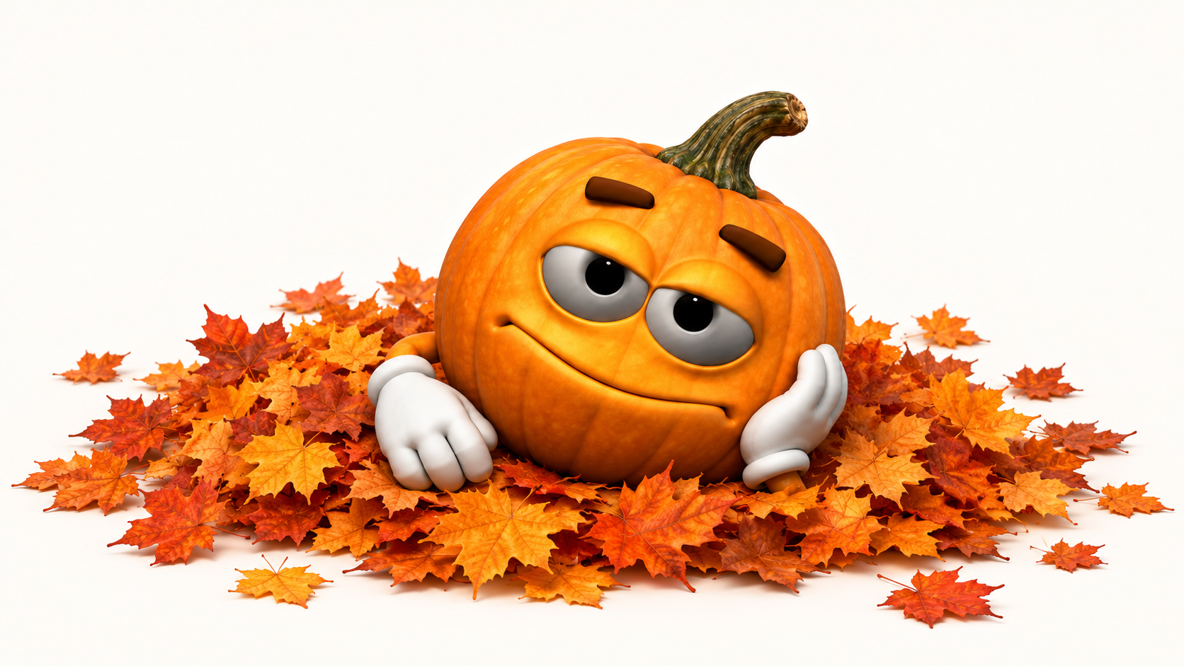 Joe relaxing on a bed of autumn leaves with his head resting on a white glove