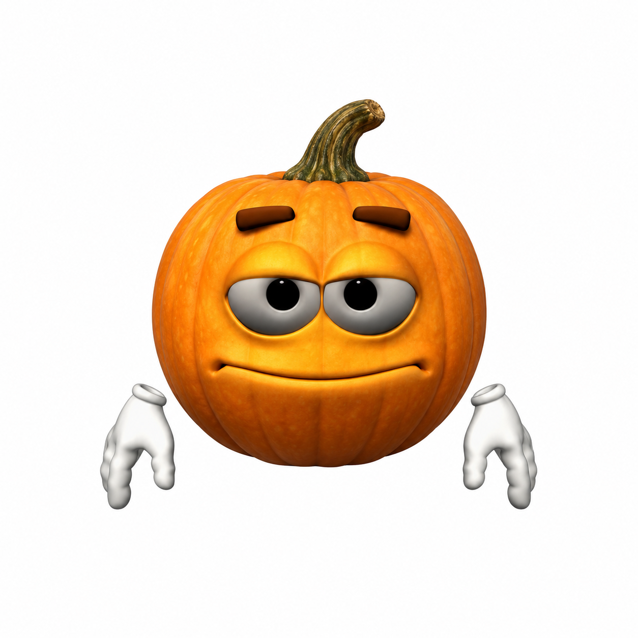 Joe Kin, an orange pumpkin with sleepy eyes and white gloves