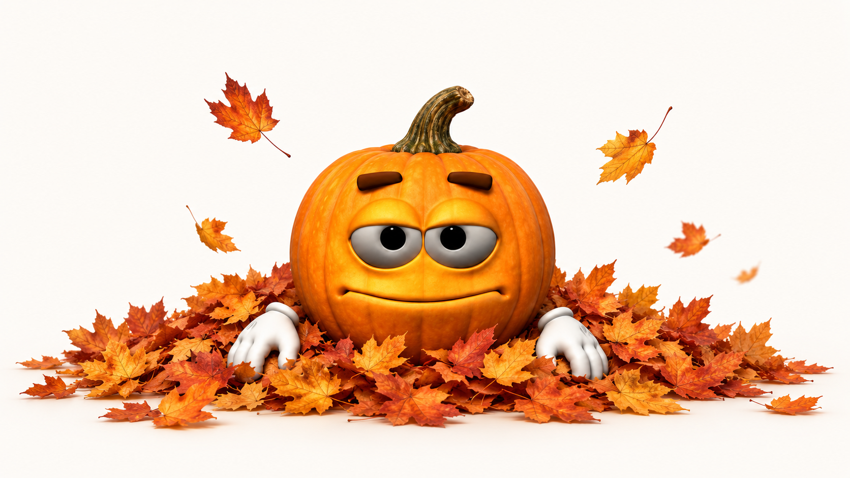 Joe nestled in a pile of golden orange autumn leaves